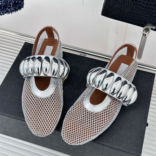 Damen Ballerinas mit glitzerndem Riemen und luftiger Netzoberfläche EB