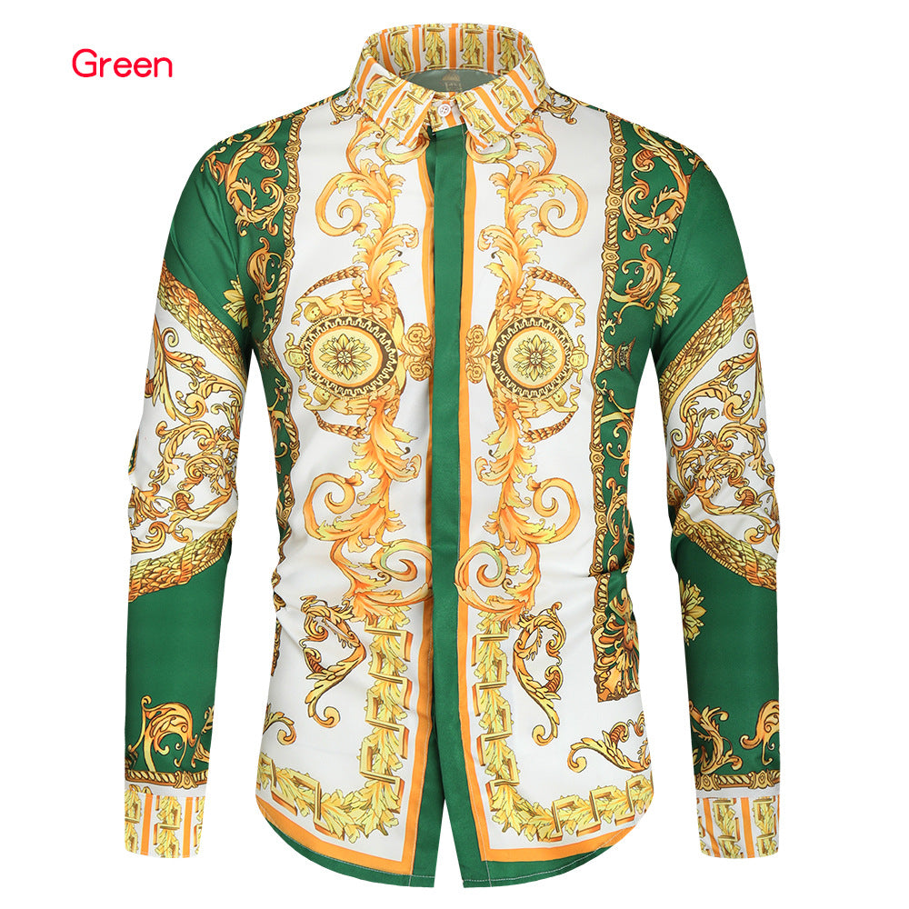 Herren nan barockes Langarm-Hemd mit ornamentalem Druck, Kentkragen und tailliertem Schnitt EB