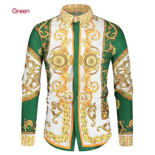 Herren nan barockes Langarm-Hemd mit ornamentalem Druck, Kentkragen und tailliertem Schnitt EB