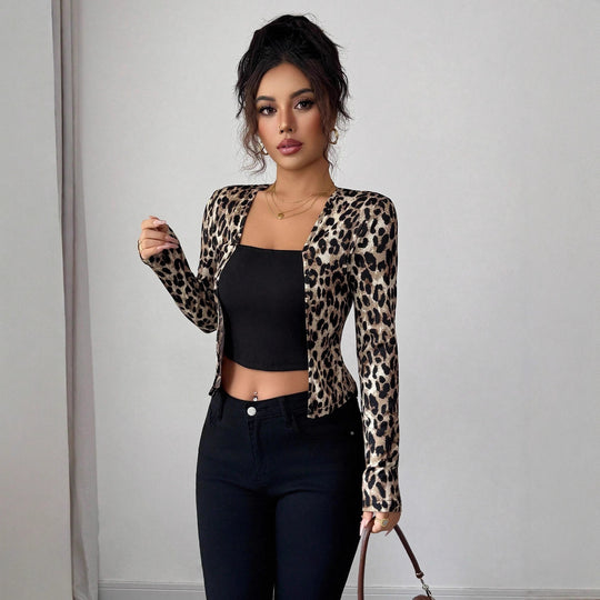 Damen nan taillierter Kurzblazer aus Stretchjersey mit Leopardenstruktur und schmaler Passform EB