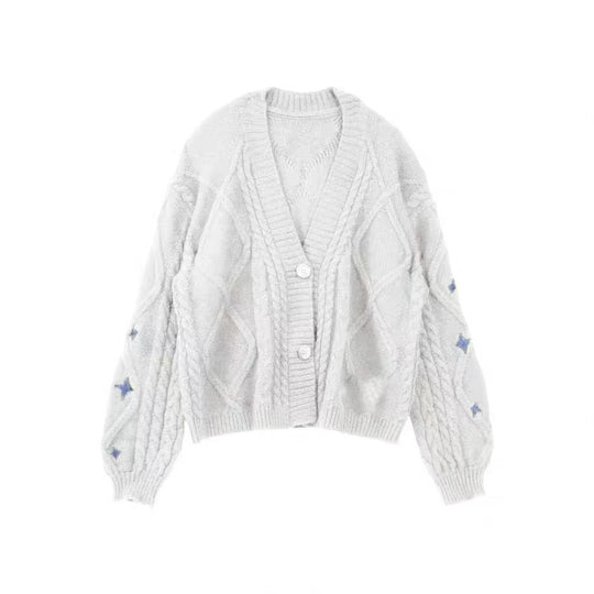 Damen nan oversize Strickcardigan mit Zopfmuster und Sternapplikationen V-Ausschnitt Knopfleiste EB