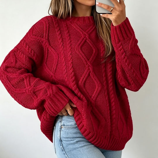 Damen Oversize Flechtstrick-Pullover mit Zopfmuster und Rundhals EB