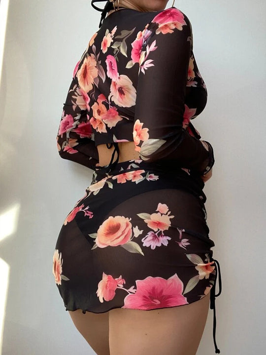 Damen Crop-Top mit floralem Design und tailliertem Rock EB