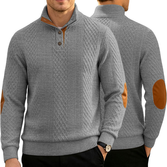 Herren Kabelstrick Troyer Pullover mit Stehkragen und Lederoptik-Ellbogen-Patches EB