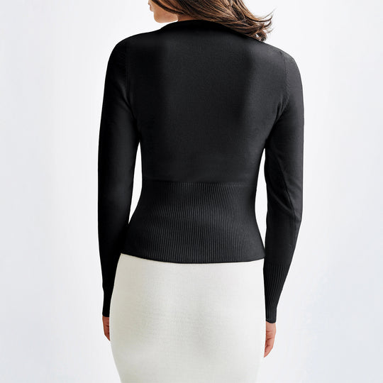 Damen nan figurbetonter Feinstrickpullover mit tailliertem Rippbund und langen Ärmeln EB