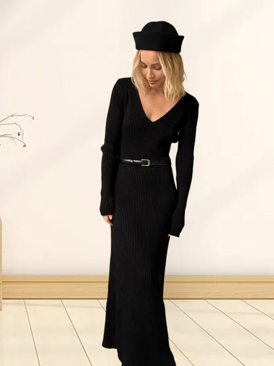 Damen Langarm-Strickkleid mit tiefem V-Ausschnitt und figurbetonter Silhouette EB