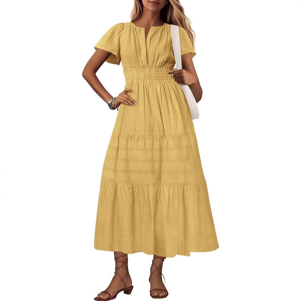 Damen Maxikleid mit modischem V-Ausschnitt und luftigen Rüschen EB