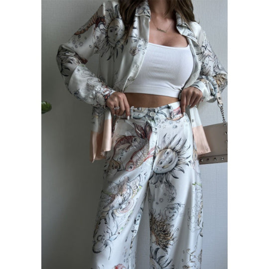 Damen Überschnittenes Satin-Hosenanzug mit floralem Design EB