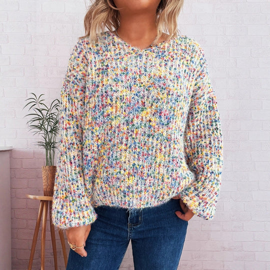 Damen komfortabler Strickpullover mit buntem Strukturmuster und weit geschnittenen Ärmeln EB