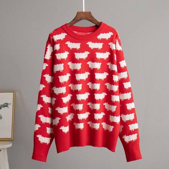 Damen Gemusterter Strickpullover mit Schafmotiven EB