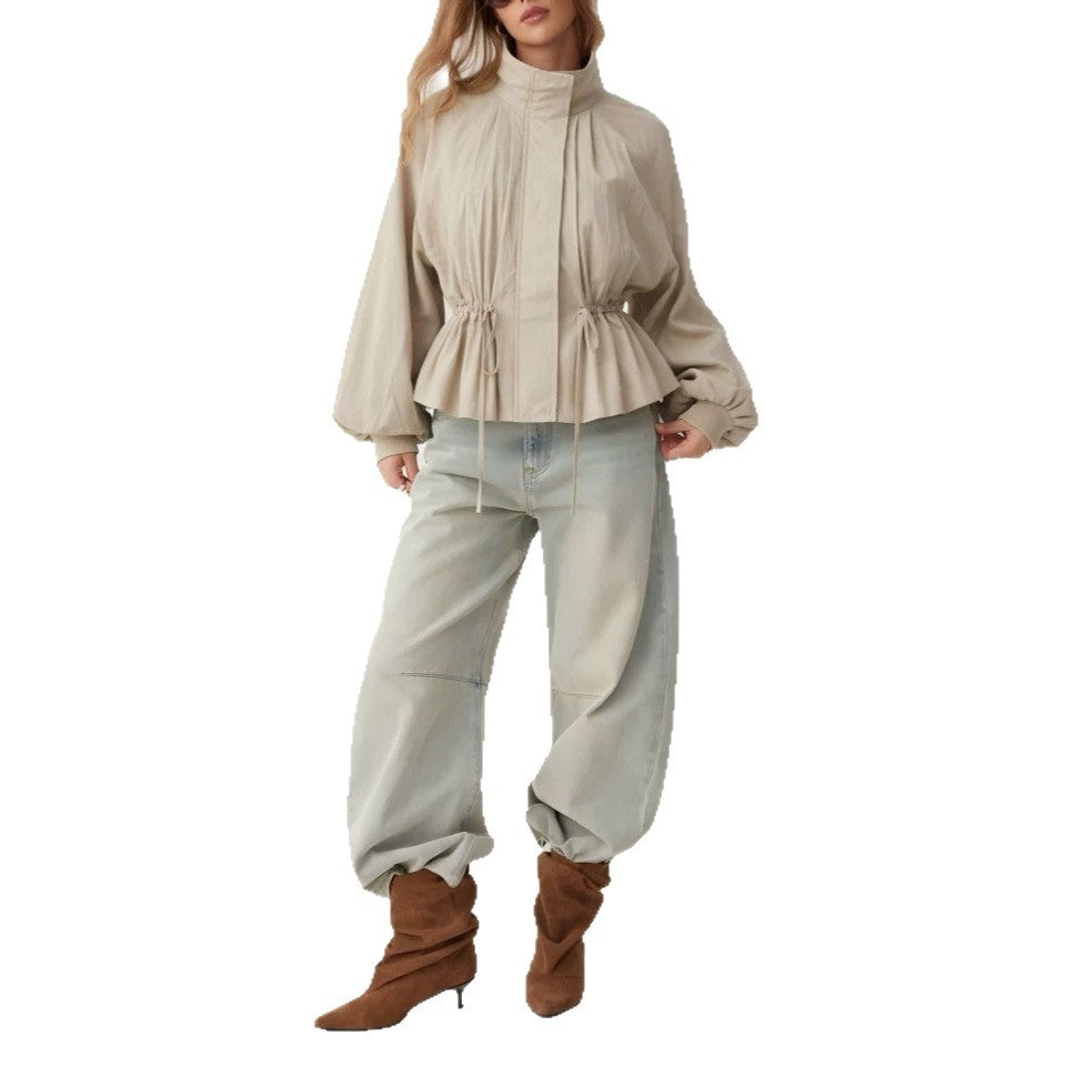 Damen Taillierte Übergangsjacke mit Tunnelzug, Stehkragen und Ballonärmeln EB