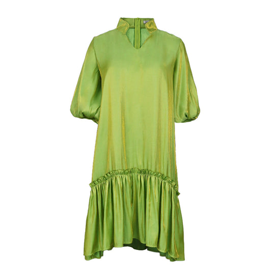 Damen Midi-Kleid mit eleganten Puffärmeln und raffiniertem Rüschenabschluss EB
