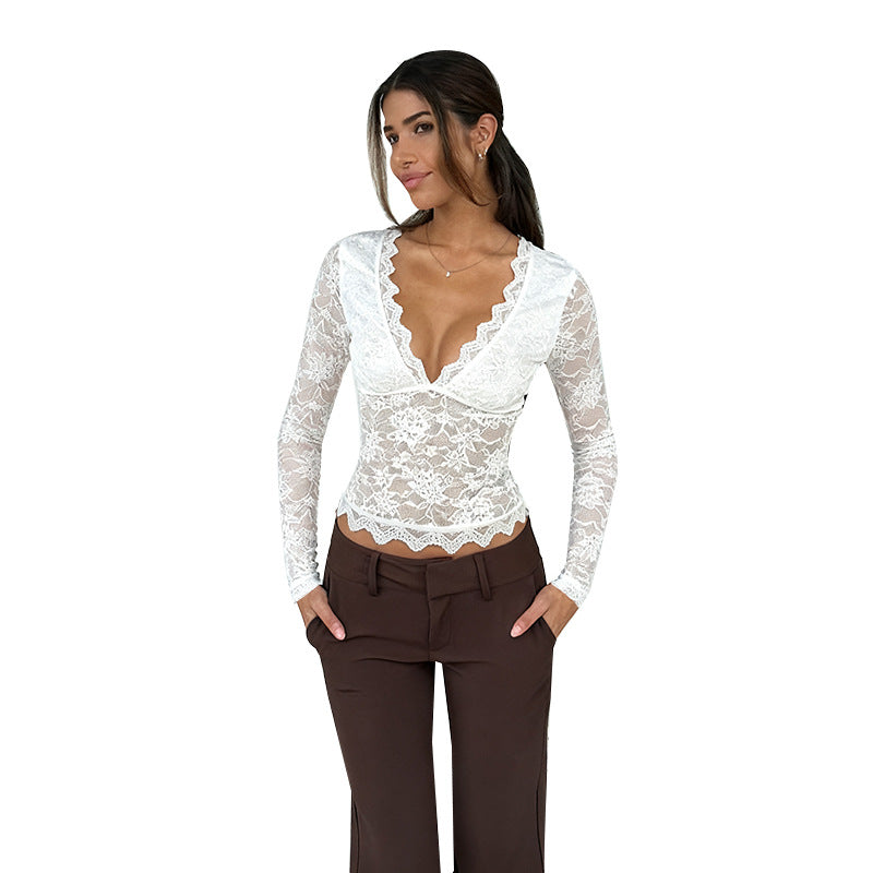 Damen Spitze Langarmshirt mit V-Ausschnitt und Rüschen EB