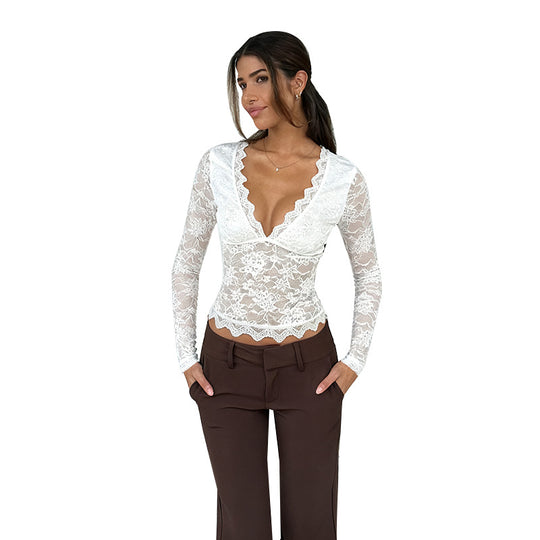 Damen Spitze Langarmshirt mit V-Ausschnitt und Rüschen EB