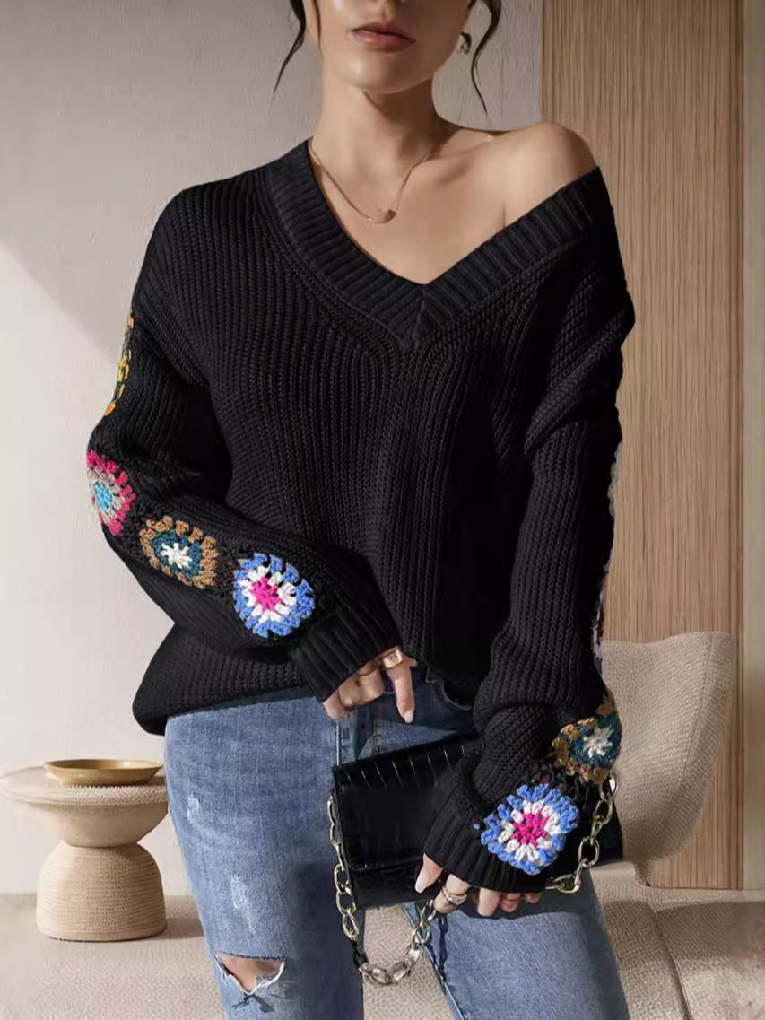 Damen Strickpullover mit verspielten Häkelakzenten und weitem Schnitt EB