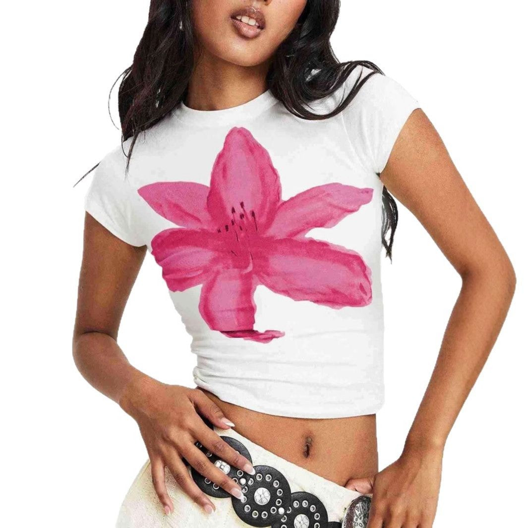 Damen Kurzarm T-Shirt mit floralem Aquarell-Motiv und figurbetontem Schnitt EB