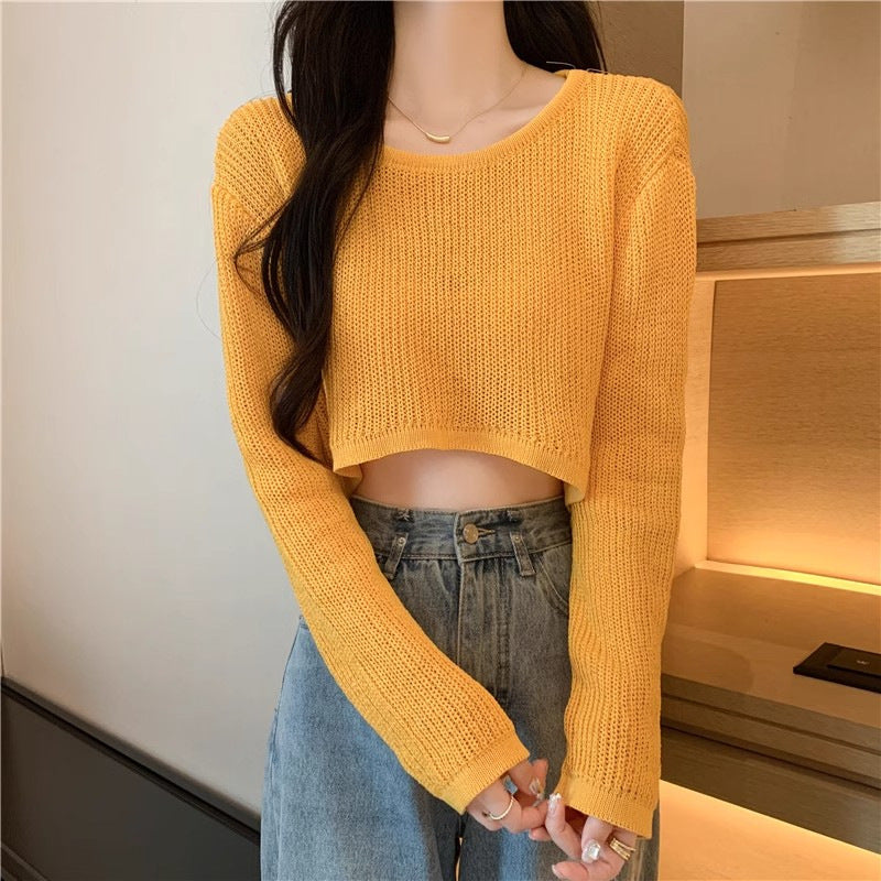Damen Cropped Strickpullover mit feinem Gewebemuster und lässigen Schulterpartien