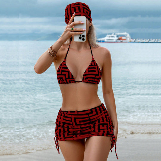 Damen Triangel-Bikini mit Wickelrock und grafischem Muster EB
