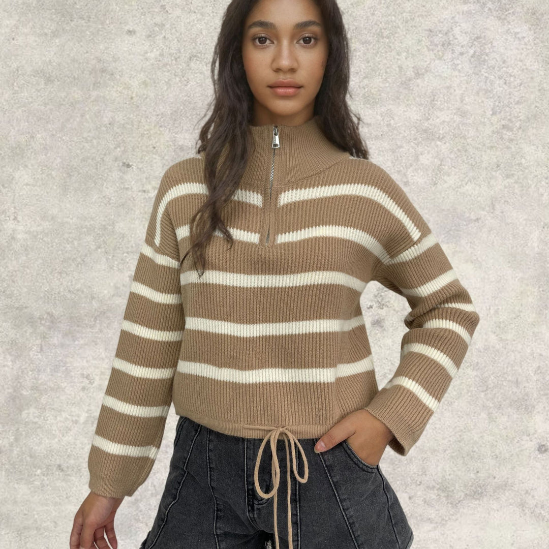 Damen Strickpullover mit Stehkragen und Kordelzug EB