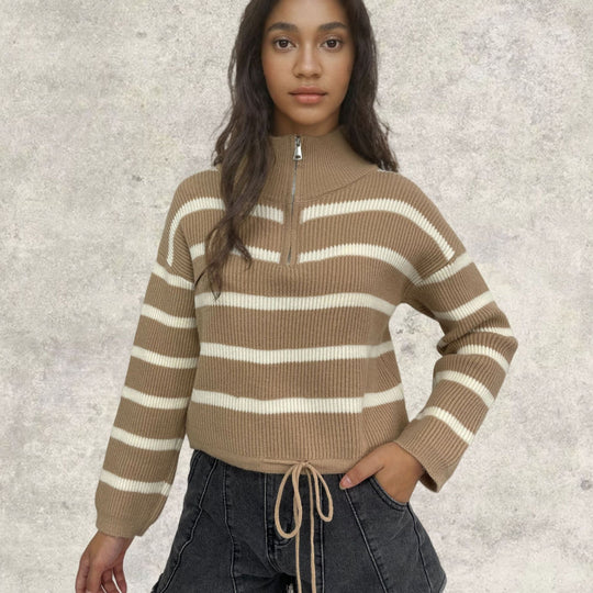 Damen Strickpullover mit Stehkragen und Kordelzug EB