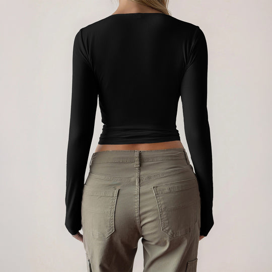 Damen nan figurbetontes Langarm-Top mit integrierten Bügelcups, quadratischem Ausschnitt und Sculpting-Effekt EB