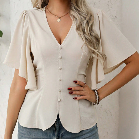 Damen Bluse mit fließenden Ärmeln und V-Ausschnitt EB