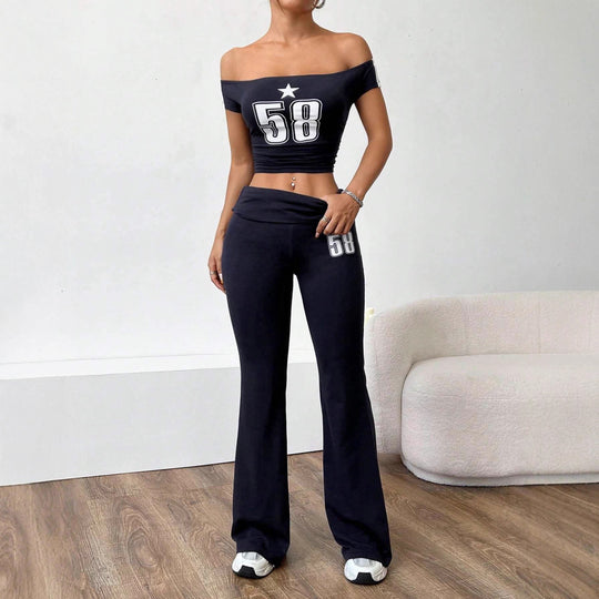 Damen Off-Shoulder Crop-Top und weite Hose Set EB
