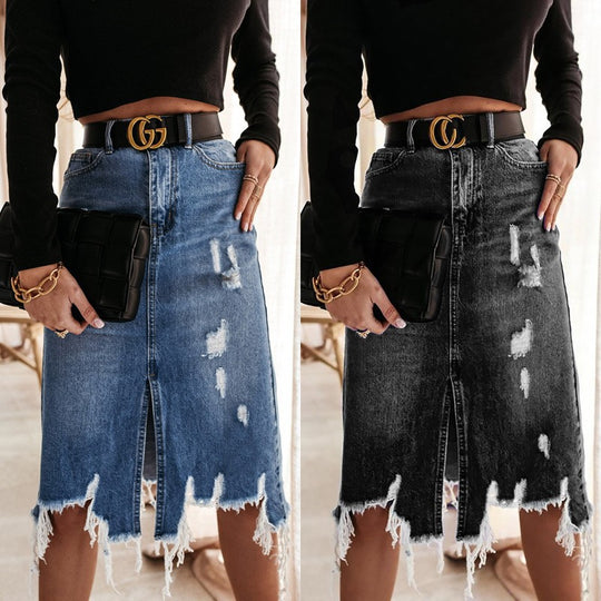 Damen Midi-Denimrock mit fransigem Saum und vertikalem Schlitz EB