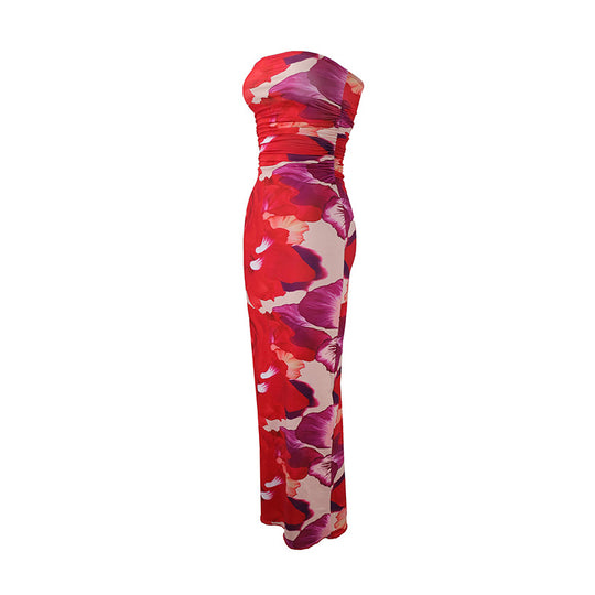 Damen elegantes, trägerloses Maxikleid mit raffiniertem Mustermix EB