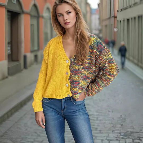 Damen lässige Strickjacke mit farbenfrohen Akzenten und Knopfdetails EB