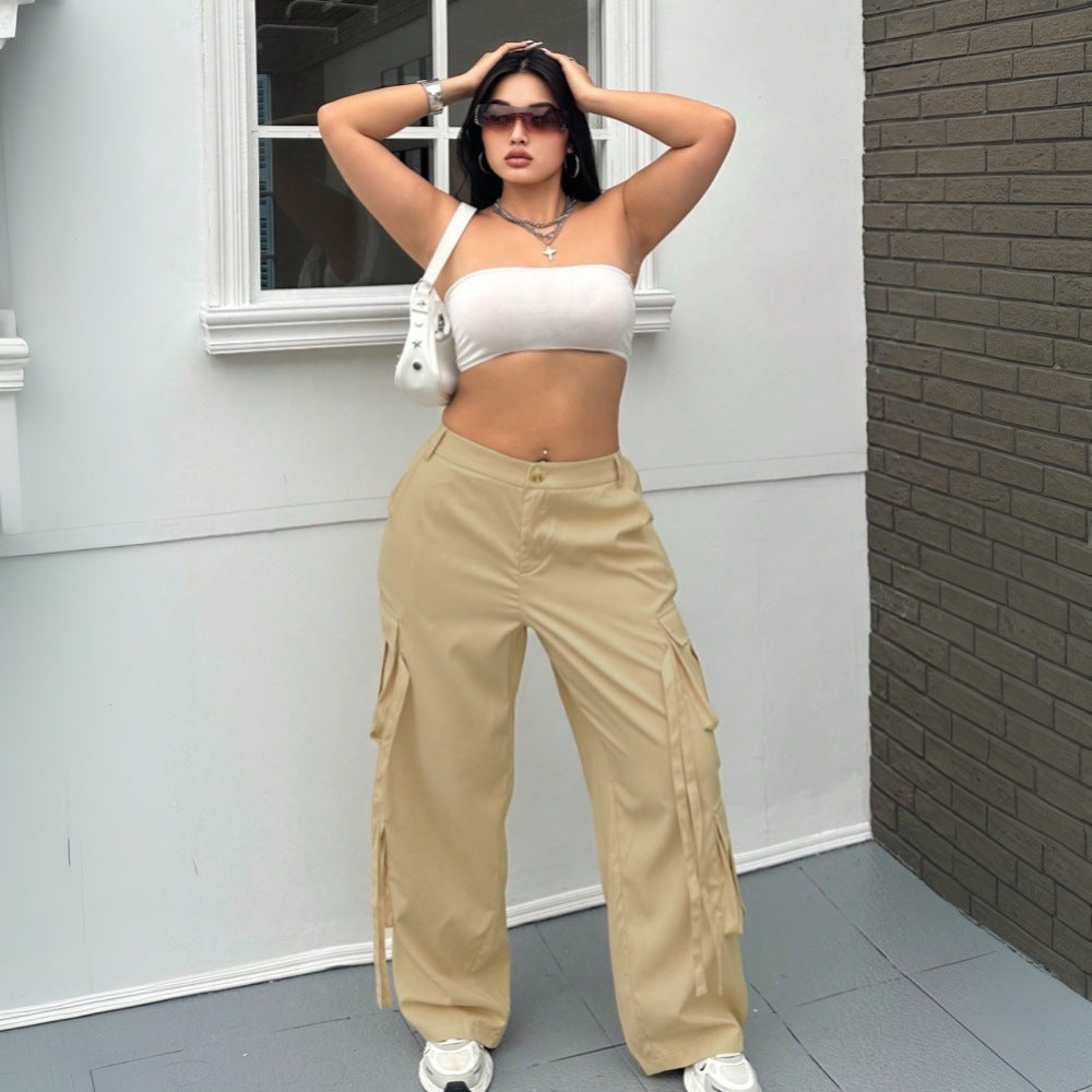 Damen weite Cargo-Hose mit funktionalen Taschen und elastischem Bund EB
