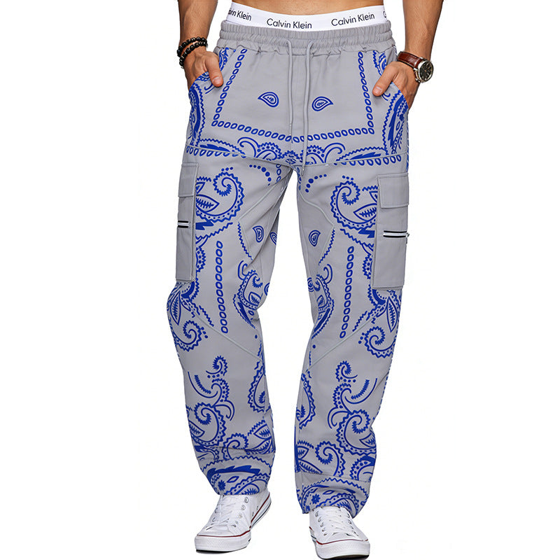 Herren nan Cargo-Jogginghose mit Paisley-Muster, elastischem Bund, multiple Reißverschluss- und Klappentaschen EB