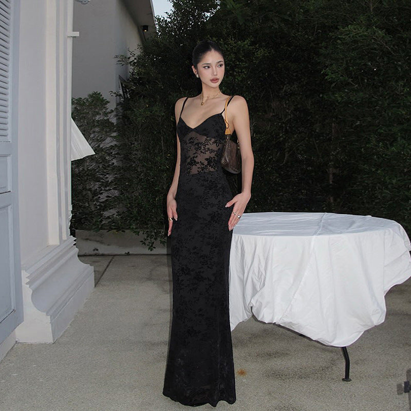 Damen Elegantes Spitzen-Maxi-Kleid mit Spaghetti-Trägern und transparenter Optik EB