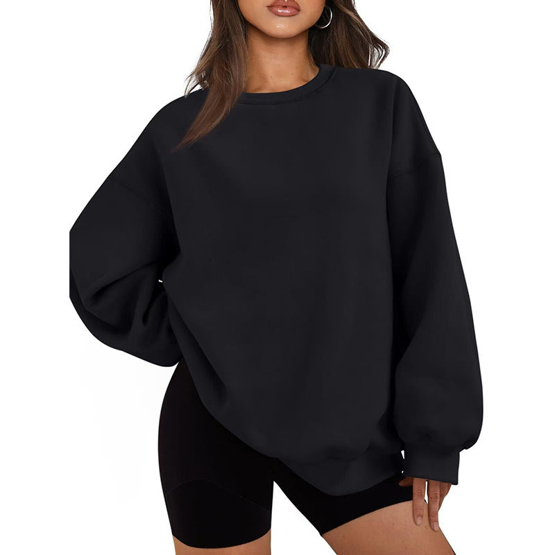 Damen nan Oversized Rundhals-Sweatshirt mit überschnittener Schulter, weichem Fleece-Innenfutter und gerippten Bündchen EB