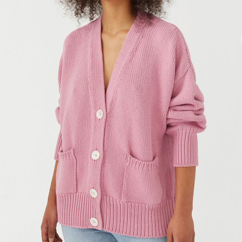 Damen Oversized Strickjacke mit Taschen und V-Ausschnitt EB