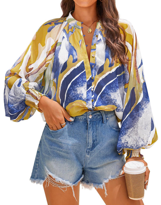 Damen Bluse mit kunstvollem Druck und geschöpften Ärmeln EB