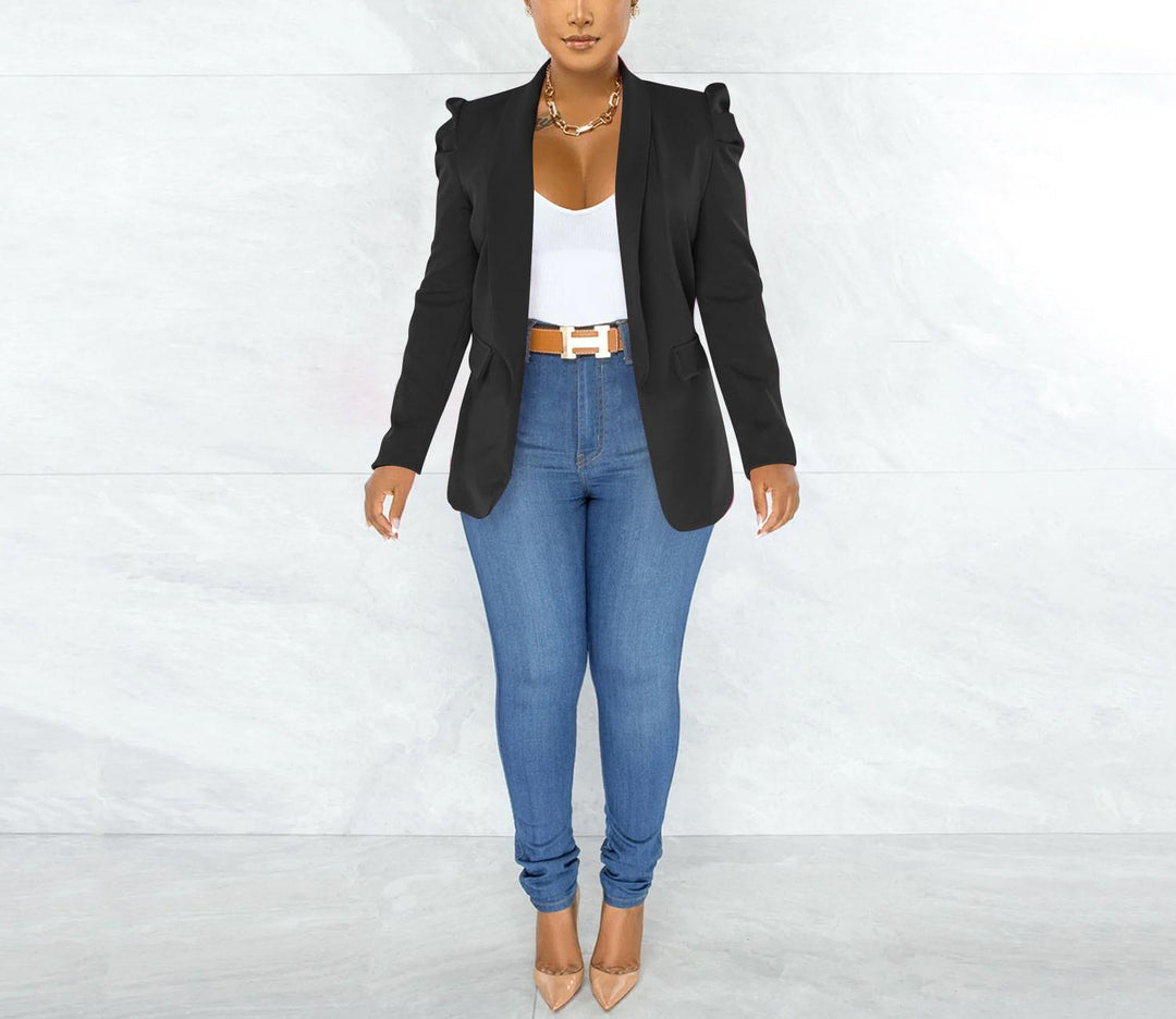 Damen taillierter Blazer mit strukturierten Schulterdetails und offenem Revers EB