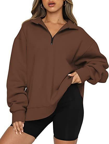 Damen nan oversized Sweatshirt mit halbem Reißverschluss, weichem Fleece-Innenfutter und Kängurutasche EB