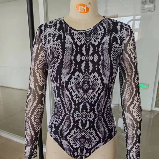 Damen Langarm Körperbadeanzug mit Schlangenprint EB