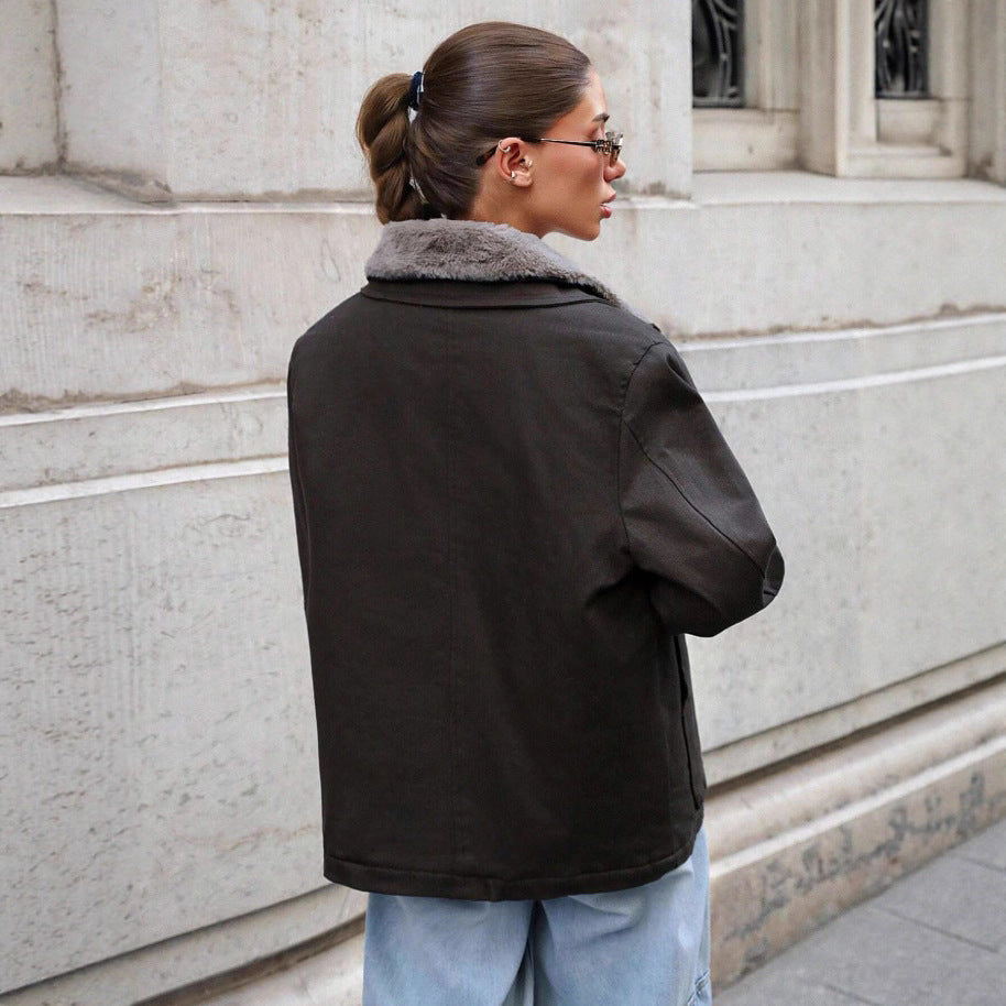 Damen lässige Übergangsjacke mit Kunstfellkragen und praktischen Taschen EB