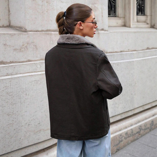 Damen lässige Übergangsjacke mit Kunstfellkragen und praktischen Taschen EB