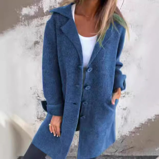 Damen Eleganter Oversize-Wollmantel mit Durchgehender Knopfleiste und Praktischen Taschen EB
