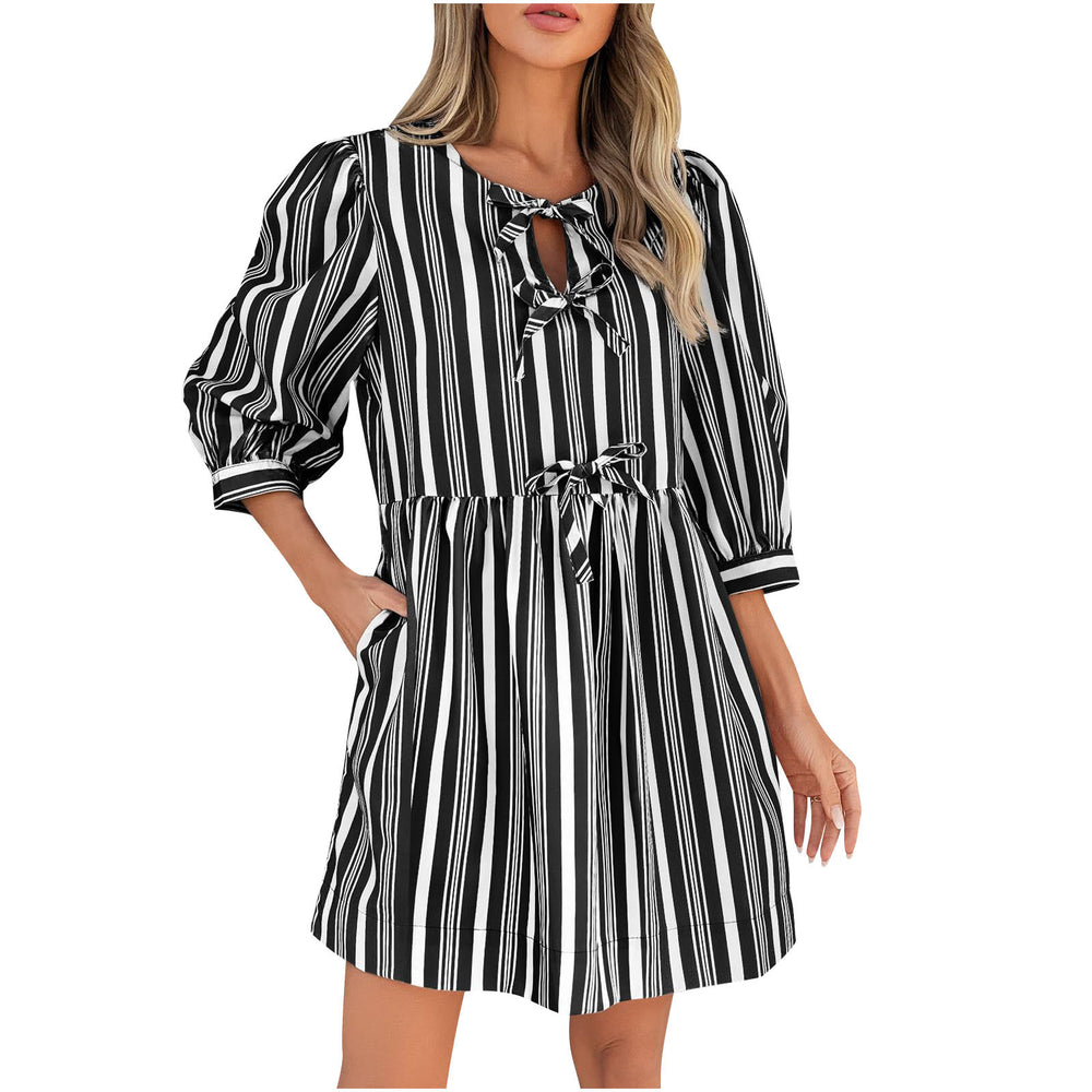 Damen lässiges gestreiftes Sommerkleid mit taillierter Silhouette EB