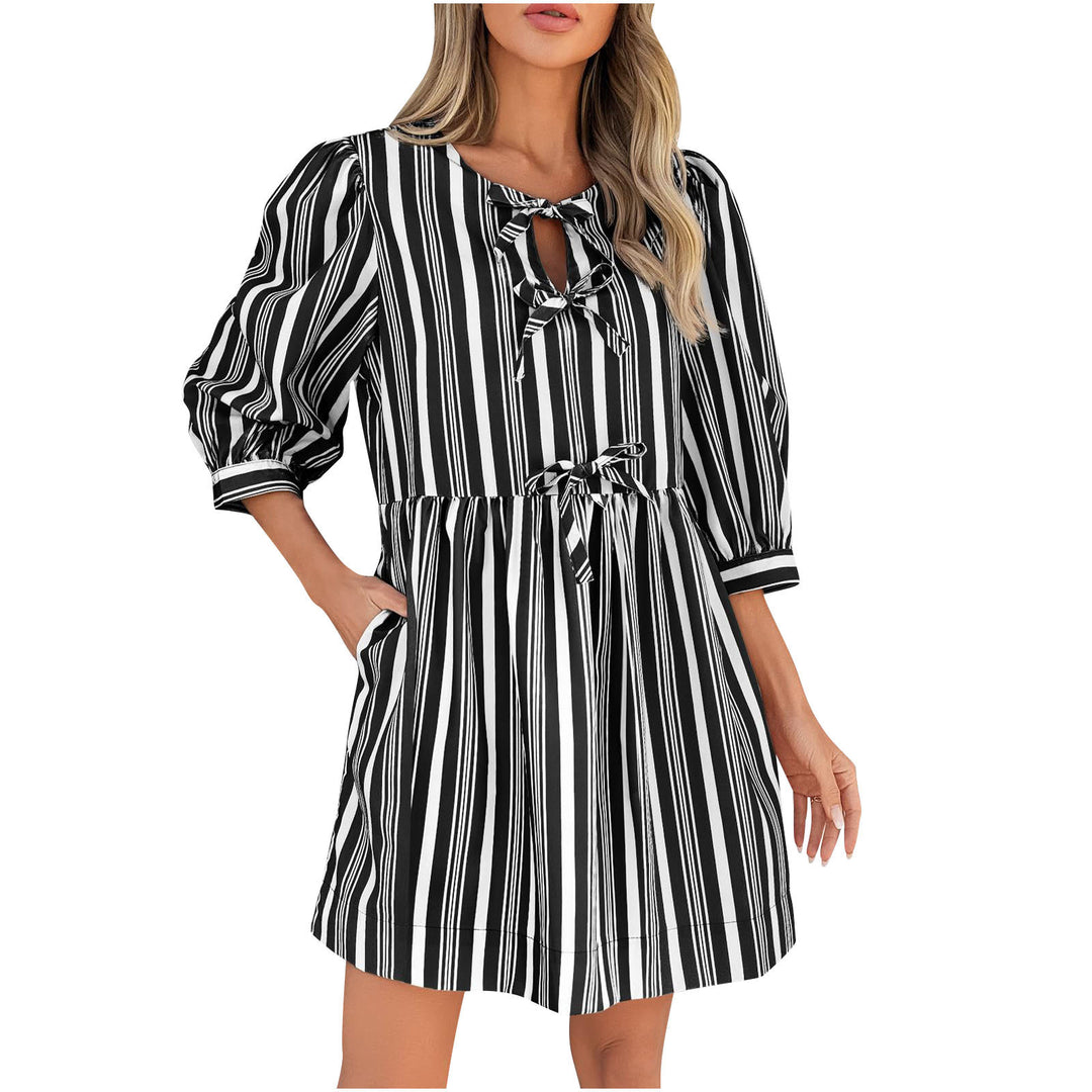 Damen lässiges gestreiftes Sommerkleid mit taillierter Silhouette EB