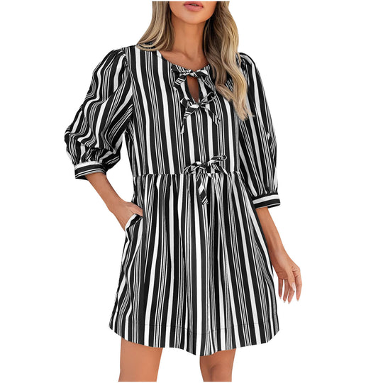 Damen lässiges gestreiftes Sommerkleid mit taillierter Silhouette EB