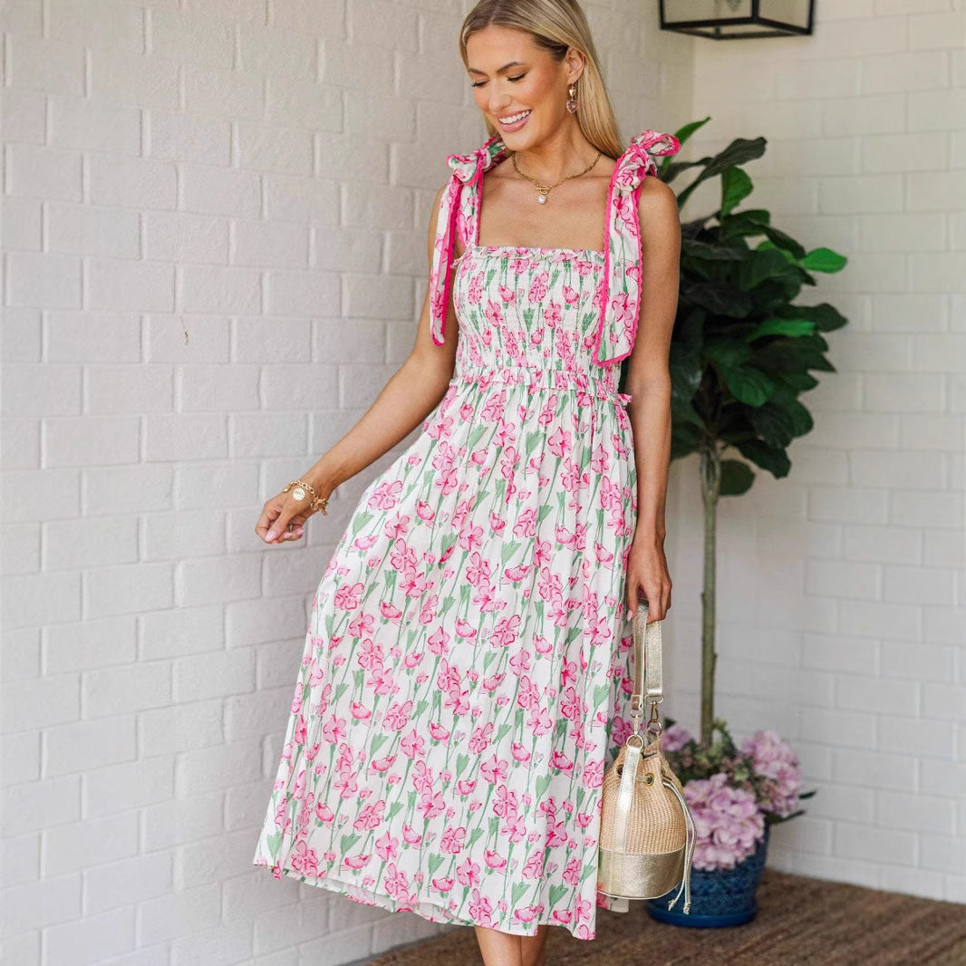 Damen Sommerkleid mit Raffung und schulterlangen Bindebändern EB