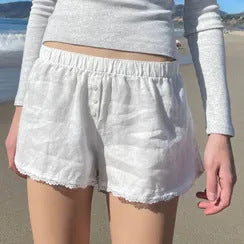 Damen Kurzschlafhose mit elastischem Bund und modischem Bindegürtel EB
