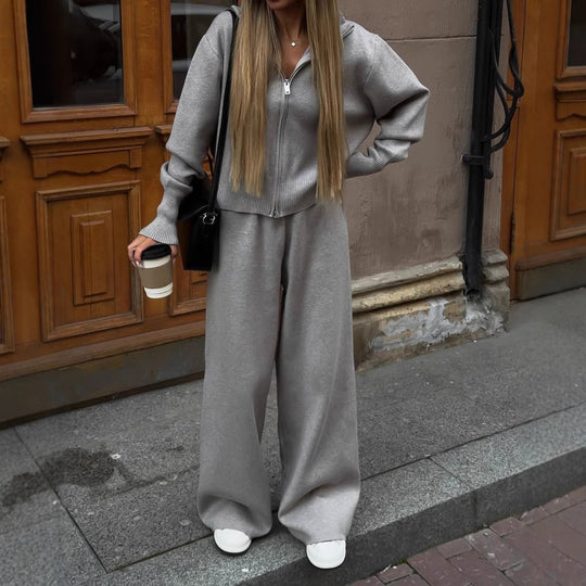 Damen nan gestricktes Loungewear-Zweiteiler mit kurzem Reißverschluss-Cardigan und weitem Highwaist-Hosenbein EB