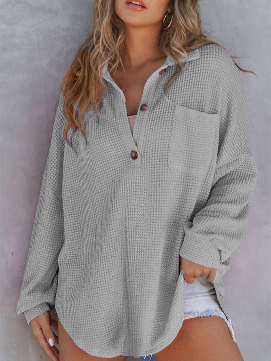 Damen Lässiges Waffle-Muster Oberteil mit Knopfdetail EB