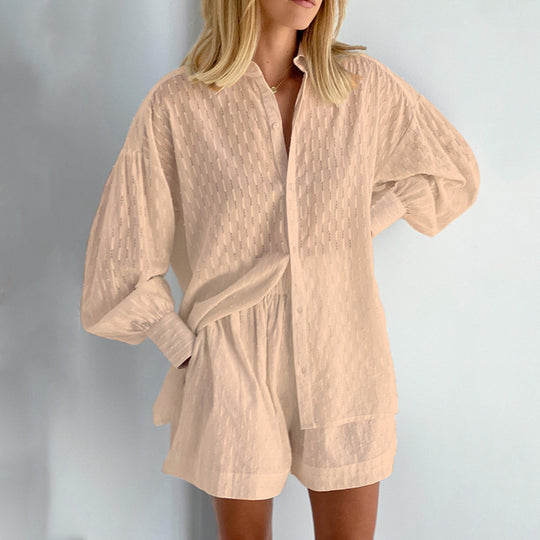 Damen lässiges Hemd-Shorts-Set mit elegantem Webmuster EB